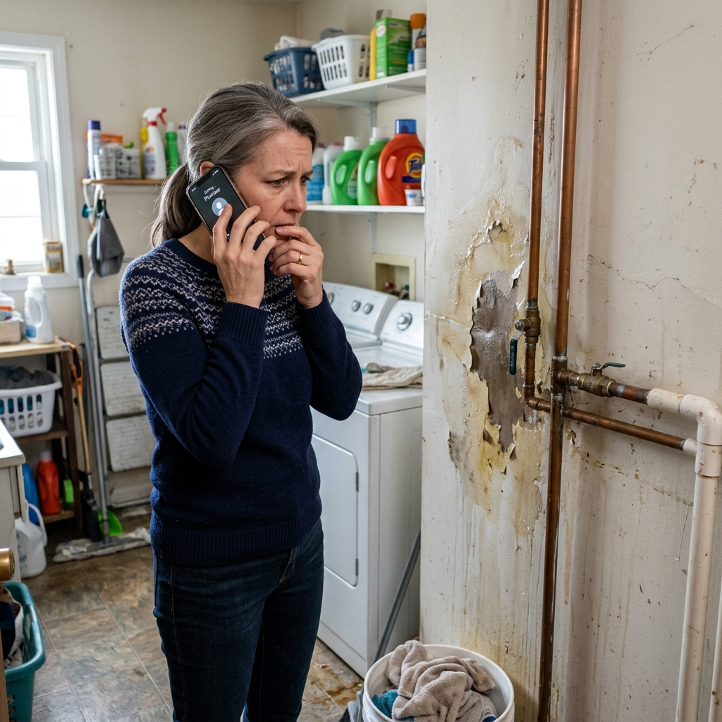 Homeowner noticing water damage and calling a plumber